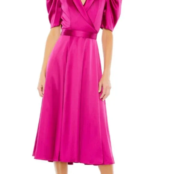 MAC DUGGAL SATIN LAPEL PUFF SHORT SLEEVE TEA LENGTH HOT PINK MIDI